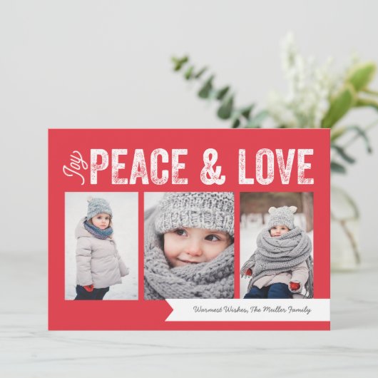 Joy Peace Love Banner 3-Photo Holiday Feestdagenkaart (Staand voorkant)