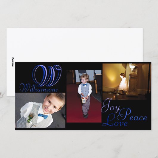 Joy Peace Love Collage-fotokaart in blauw Feestdagenkaart (Voorkant / Achterkant)