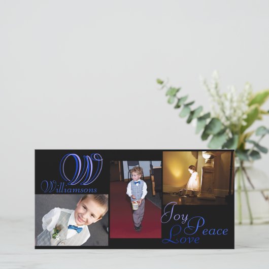 Joy Peace Love Collage-fotokaart in blauw Feestdagenkaart (Staand voorkant)