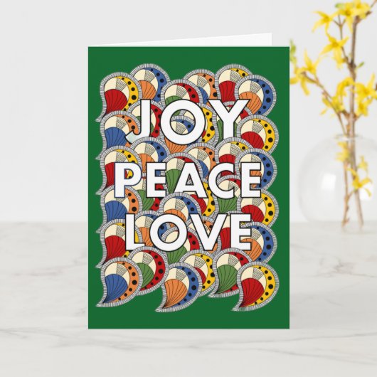 Joy Peace Love - Custom Background & Message Kaart (Gele Bloem)