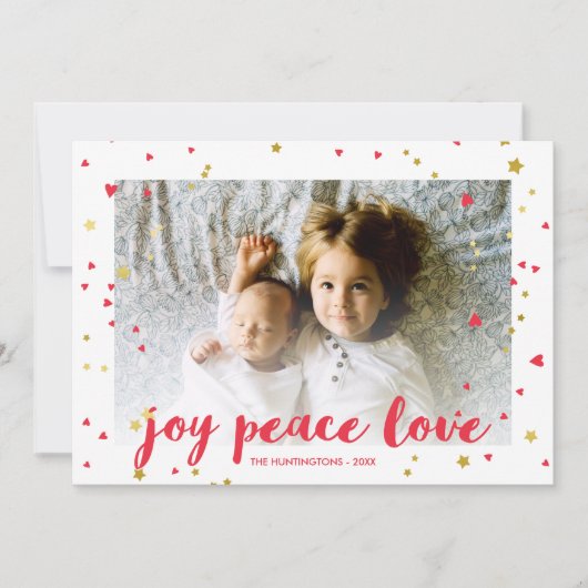 Joy Peace Love | Harten en sterren | Kerstfoto Feestdagenkaart (Voorkant)