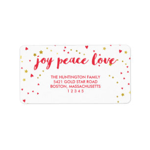 Joy Peace Love Harten en sterren Kerstmis Etiket