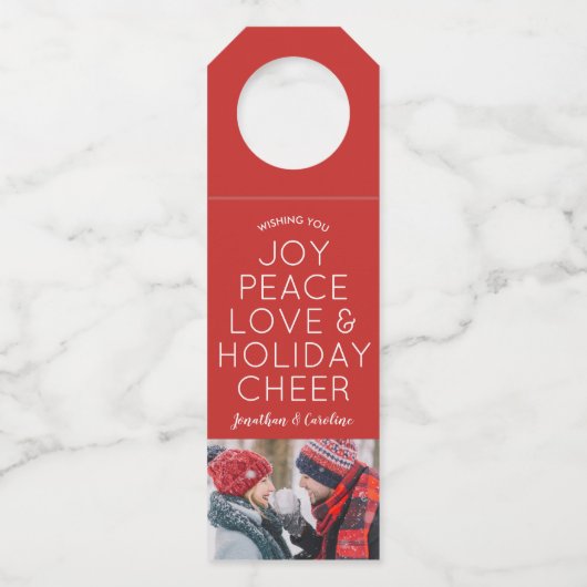 Joy Peace Love Holiday Cheer kerstfoto Flessenhanger (Voorkant)