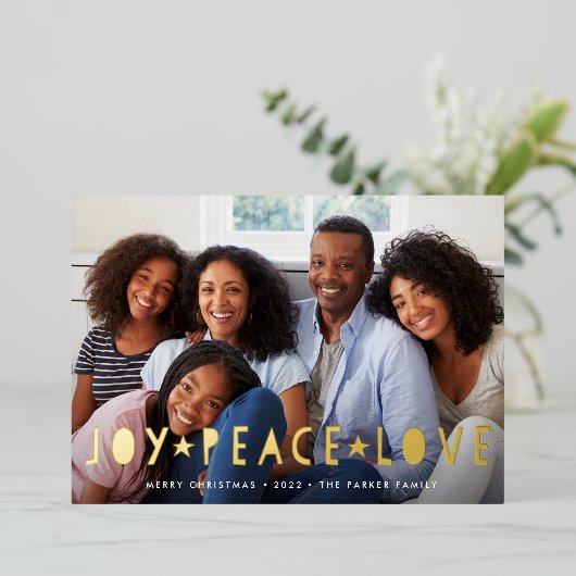 Joy Peace Love | Horizontale foto Folie Feestdagenkaart (Staand Voorkant)