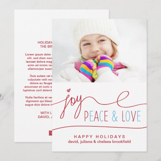 Joy Peace & Love kerstbrief Foto Flat Kaart (Voorkant / Achterkant)