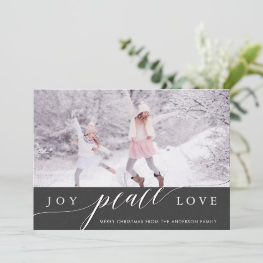 Joy Peace Love Kerstfeestay Fotokaart Feestdagenkaart (Staand voorkant)