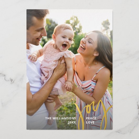 Joy Peace Love-kerstkalligrafie 2 Foto's Gold Folie Uitnodiging (Voorkant)