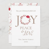 JOY PEACE LOVE Kerstkrans | Rood Beige Feestdagenkaart (Voorkant / Achterkant)