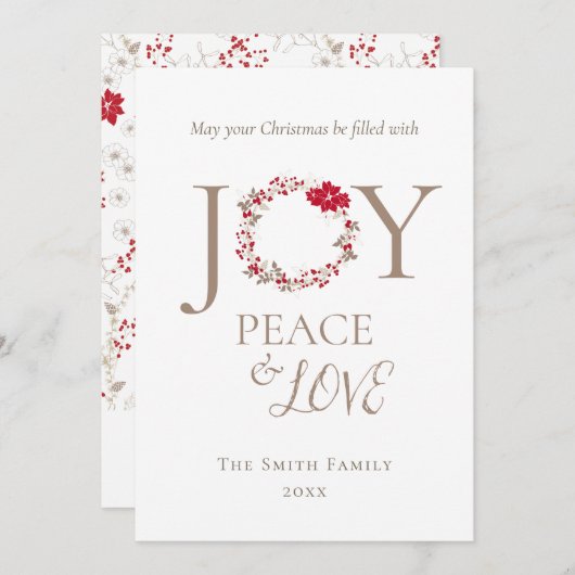 JOY PEACE LOVE Kerstkrans | Rood Beige Feestdagenkaart (Voorkant / Achterkant)