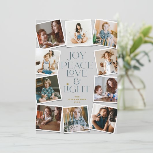 Joy Peace Love & Light Hanukkah 10 Instant Photo H Feestdagenkaart (Staand voorkant)