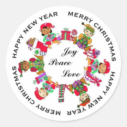 Joy, Peace, Love Little Whimsical Elves Ronde Sticker (Voorkant)