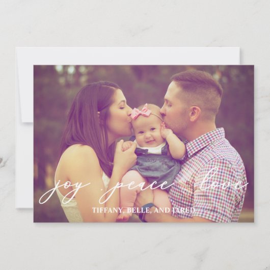 Joy Peace Love Modern Script Family Foto Feestdagenkaart (Voorkant)
