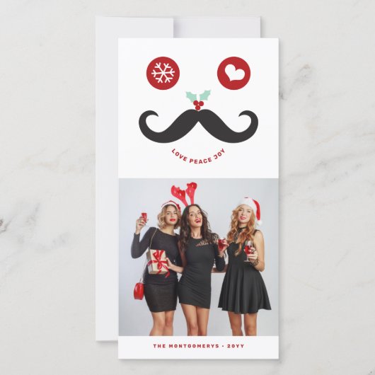Joy Peace Love Mustache Smiling Face Funny Foto Feestdagenkaart (Voorkant)