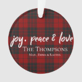 Joy Peace Love Red Plaid Foto Kerstboom Ornament (voorkant)