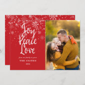 Joy Peace Love Script Snowflakes Photo Christmas Feestdagenkaart (Voorkant / Achterkant)