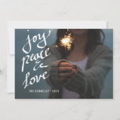 Joy Peace Love Script Whimsical Holiday Foto Feestdagenkaart (Voorkant)