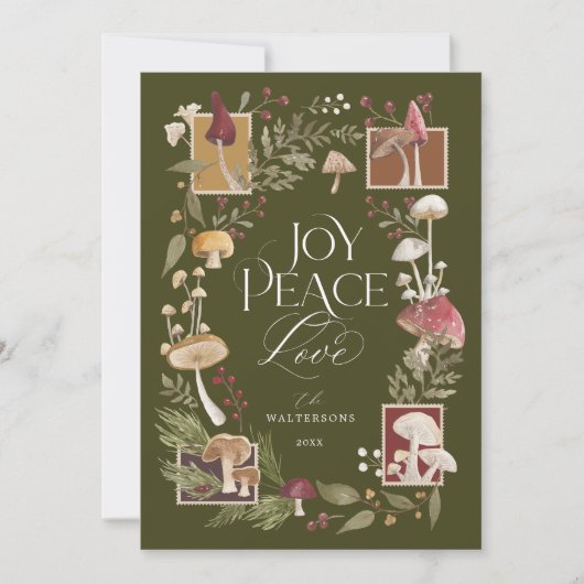 Joy Peace Love Waterverf Woodsy Mushrooms Foto Feestdagenkaart (Voorkant)