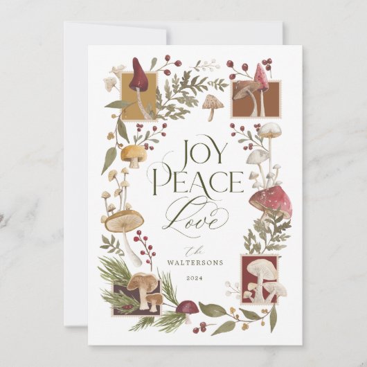 Joy Peace Love Waterverf Woodsy Mushrooms Foto Feestdagenkaart (Voorkant)