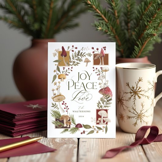 Joy Peace Love Waterverf Woodsy Mushrooms Foto Feestdagenkaart