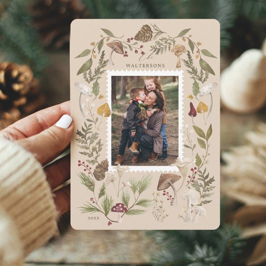 Joy Peace Love Waterverf Woodsy Mushrooms Foto Feestdagenkaart