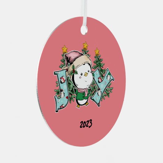 Joy Penguin Kerstmis Metalen Ornament (Voorkant Rechts)