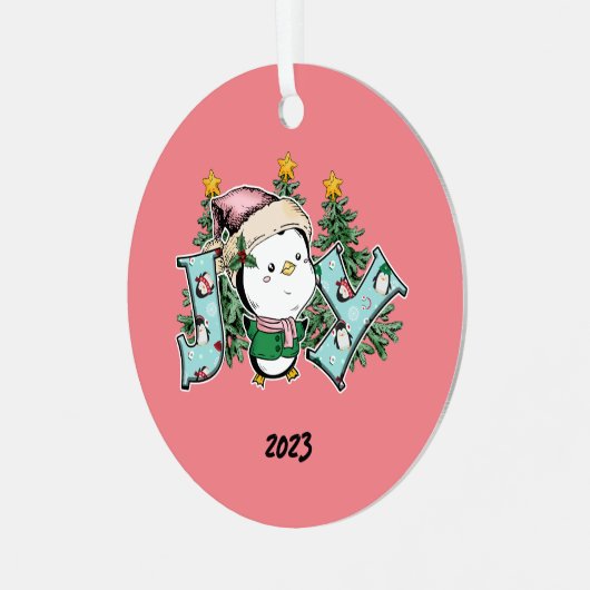 Joy Penguin Kerstmis Metalen Ornament (Voorkant links)