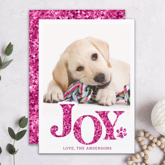JOY Personalized Pet Photo Pink Paw Print Dog Feestdagenkaart