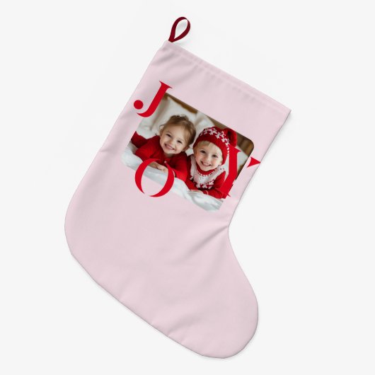JOY | Personalized Red & Pink Christmas Photo Grote Kerstsok (Voorkant (Hangend))
