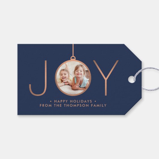 JOY Photo Navy Blue Copper Elegant Modern Holiday Cadeaulabel (Voorkant (Horizontaal))