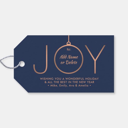 JOY Photo Navy Blue Copper Elegant Modern Holiday Cadeaulabel (Achterkant Horizontaal)