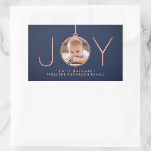 JOY Photo Navy Blue Copper Elegant Modern Holiday Rechthoekige Sticker (Tas)
