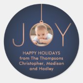 JOY Photo Navy Blue Copper Elegant Modern Holiday Ronde Sticker (Voorkant)