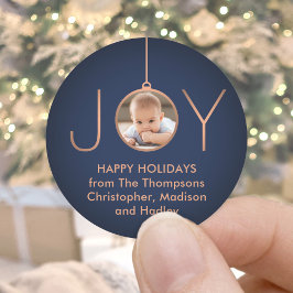 JOY Photo Navy Blue Copper Elegant Modern Holiday Ronde Sticker