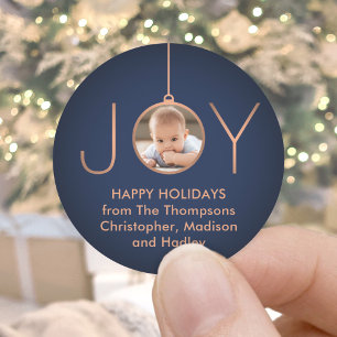 JOY Photo Navy Blue Copper Elegant Modern Holiday Ronde Sticker