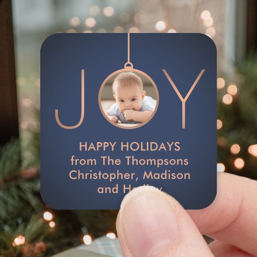 JOY Photo Navy Blue Copper Elegant Modern Holiday Vierkante Sticker