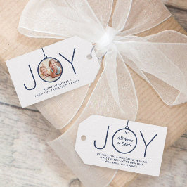 JOY Photo Navy Blue White Modern Minimal Kerstmis Cadeaulabel