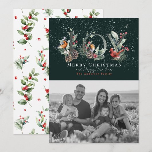 JOY Pine Cone Red Berry Bird Groene Kerstfoto Feestdagenkaart (Voorkant / Achterkant)