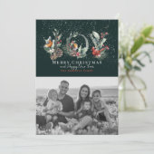 JOY Pine Cone Red Berry Bird Groene Kerstfoto Feestdagenkaart (Staand voorkant)