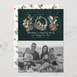 JOY Pine Cone Red Berry Bird Groene Kerstfoto Feestdagenkaart