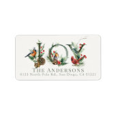 JOY Pine Cone Red Berry Birds Christmas Address Etiket (Voorkant)