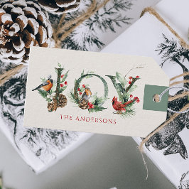 JOY Pine Cone Red Berry Birds Christmas Holiday Cadeaulabel