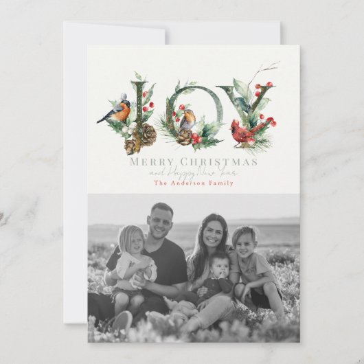 JOY Pine Cone Red Berry Vogels Kerstmis Foto Feestdagenkaart (Voorkant)