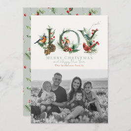 JOY Pine Cone Red Berry Vogels Kerstmis Foto Feestdagenkaart