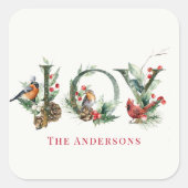 JOY Pine Cone Red Berry Vogels Kerstvakantie Vierkante Sticker (Voorkant)