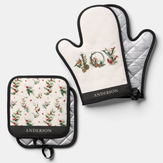 JOY Pine Cone Red Berry Vogels Vakantie Ovenwant & Pannenlap Set (Voorkant / Achterkant)