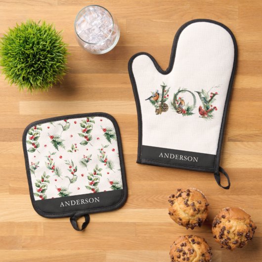 JOY Pine Cone Red Berry Vogels Vakantie Ovenwant & Pannenlap Set (Top down)