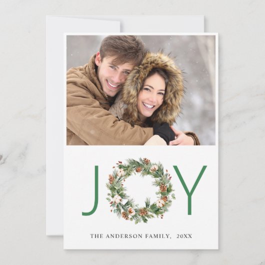 JOY Pine Cones Fir Wreate Kerstmis 2 FOTO Feestdagenkaart (Voorkant)