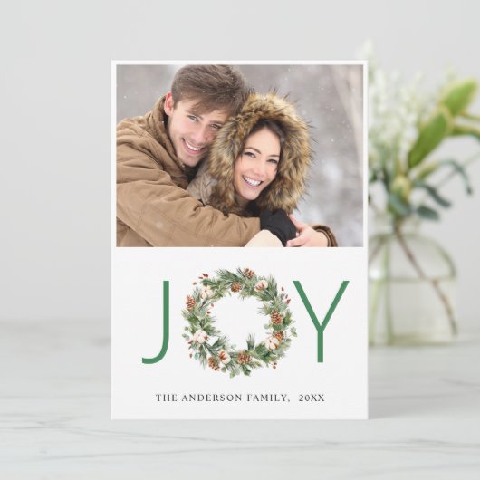 JOY Pine Cones Fir Wreate Kerstmis 2 FOTO Feestdagenkaart (Staand voorkant)