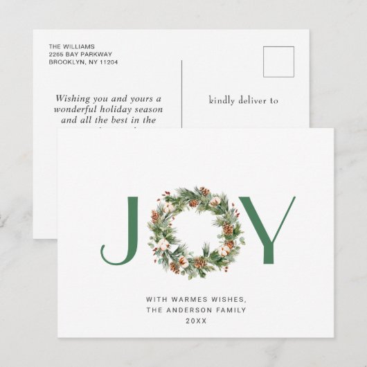 JOY Pine Cones Fir Wreath Merry Kerstfeestdag Briefkaart (Voorkant / Achterkant)