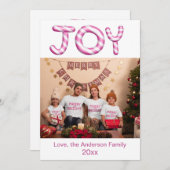 Joy Pink Candy Cane Vakantie Foto Kerstmis Kaart (Voorkant / Achterkant)
